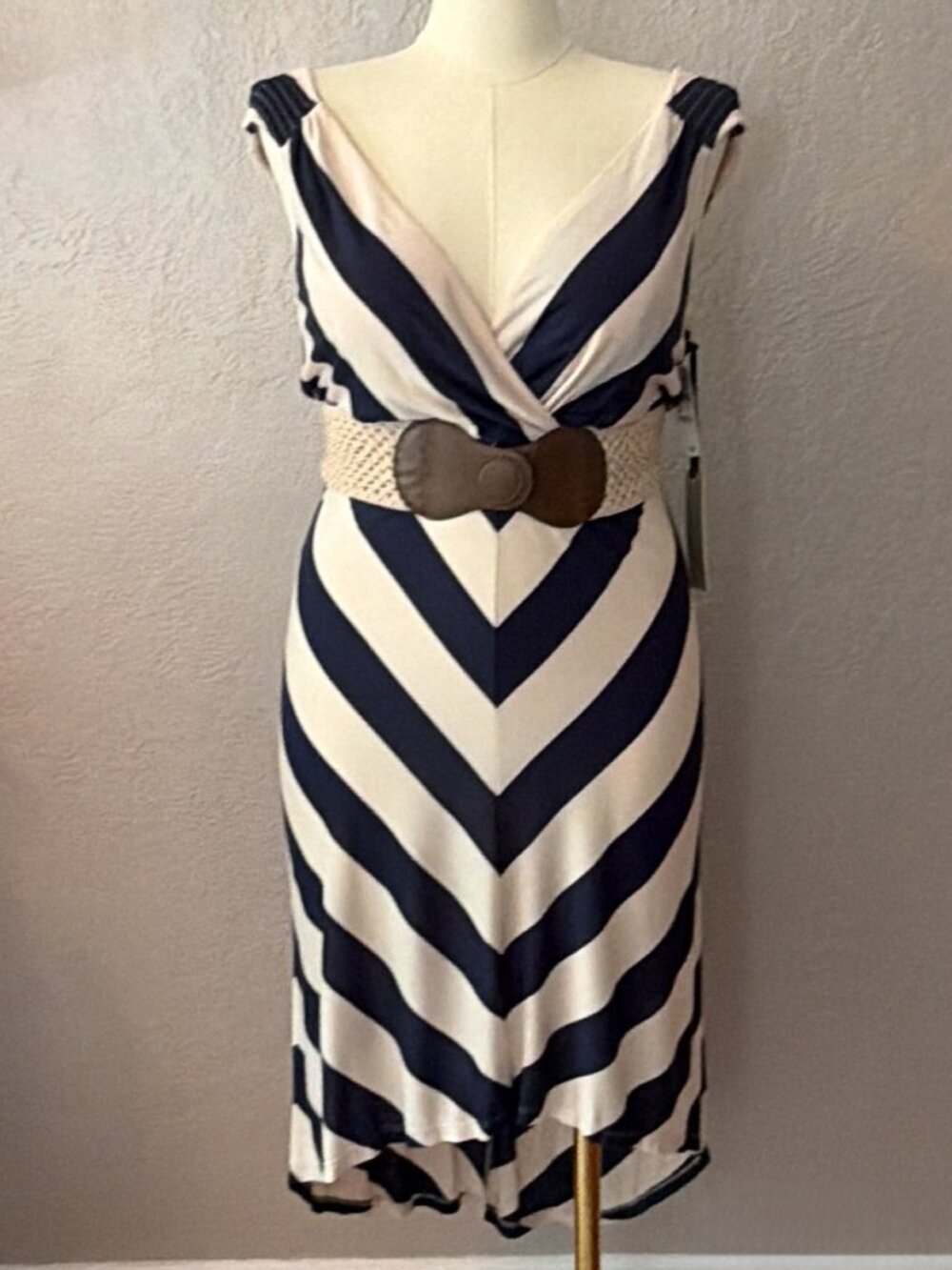 Remain Navy Cream Chevron Print Empire Waist Belted High-Low Dress Large NWT